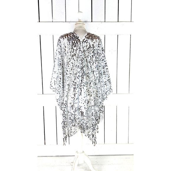 White silver round fringe tassel sequin kimono cover up cardigan jacket - Picture 4 of 5